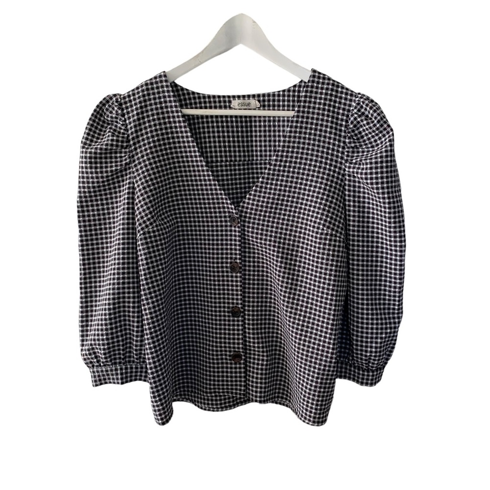 Essue Black and White Gingham Print V Neck Button Up Puff Sleeve Top Medium